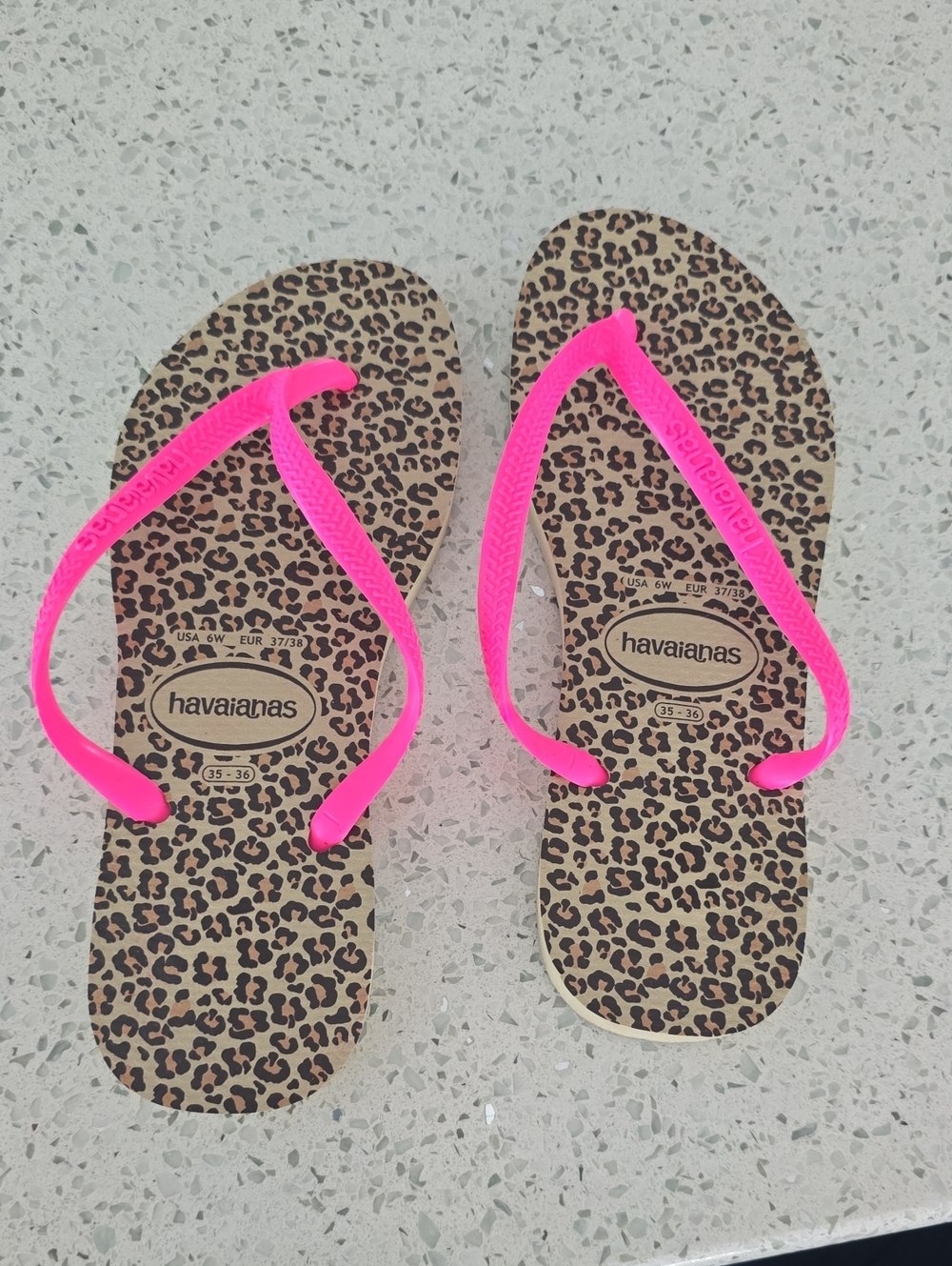 Havaianas Women's Leopard Print Sandals with Neon Pink Straps - Size 6